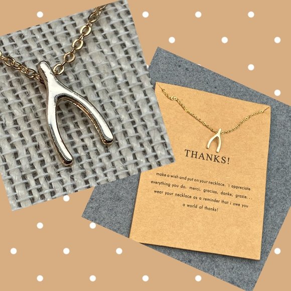 Thanks! Wishbone Pendant Necklace Gold Chain Merci Gracias Danke Grazie - Picture 1 of 6